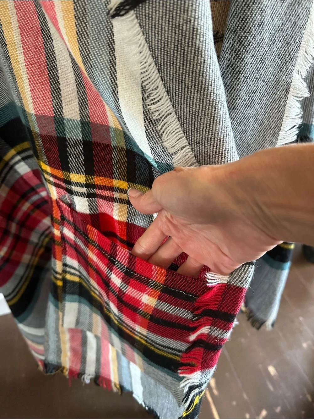 Grace & Lace Plaid Pocket Poncho Wrap Gray Red One Size